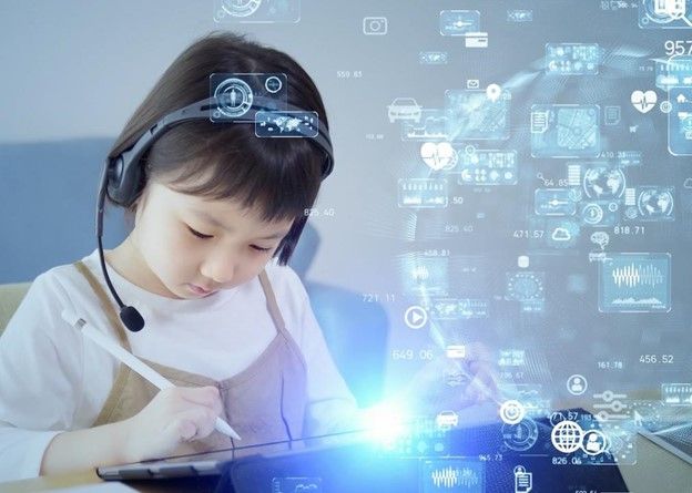 A little girl wears headphones while studying on tablet as digital app icons float in the foreground.